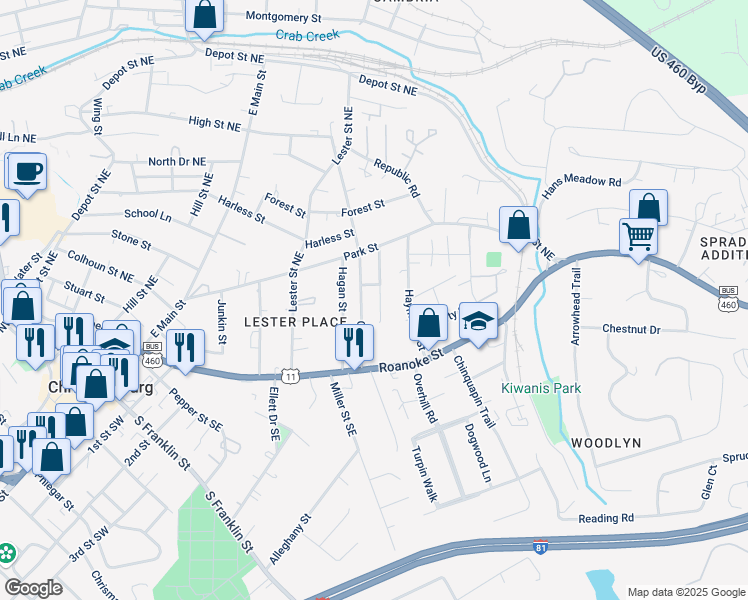 map of restaurants, bars, coffee shops, grocery stores, and more near 210 Economy Street in Christiansburg