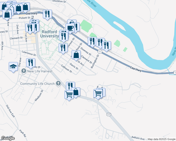 map of restaurants, bars, coffee shops, grocery stores, and more near 408 Davis Street in Radford