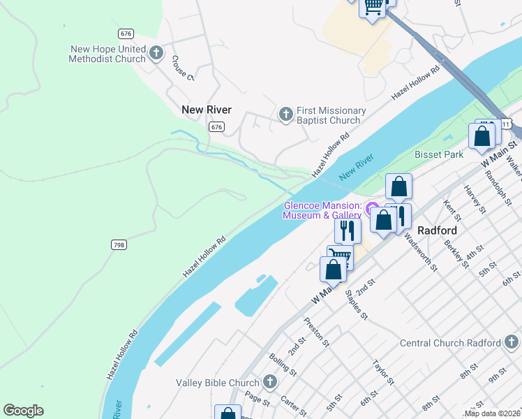 map of restaurants, bars, coffee shops, grocery stores, and more near State Route 626 in Radford
