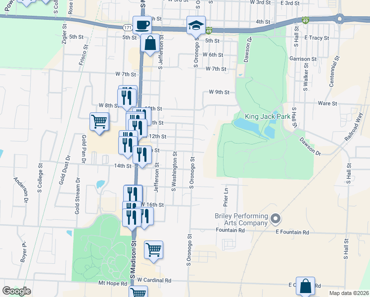 map of restaurants, bars, coffee shops, grocery stores, and more near 730 W 13th St in Webb City
