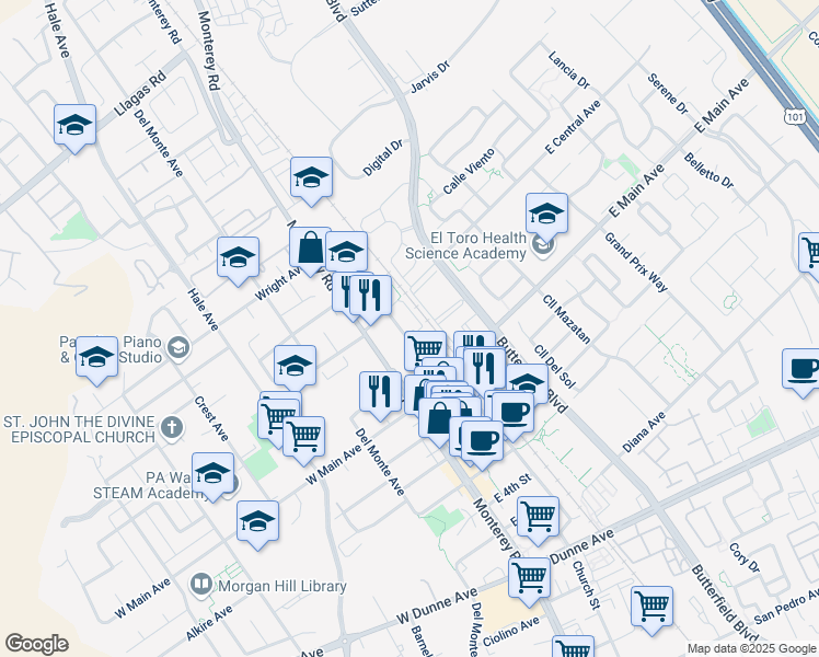 map of restaurants, bars, coffee shops, grocery stores, and more near 17690 McLaughlin Avenue in Morgan Hill