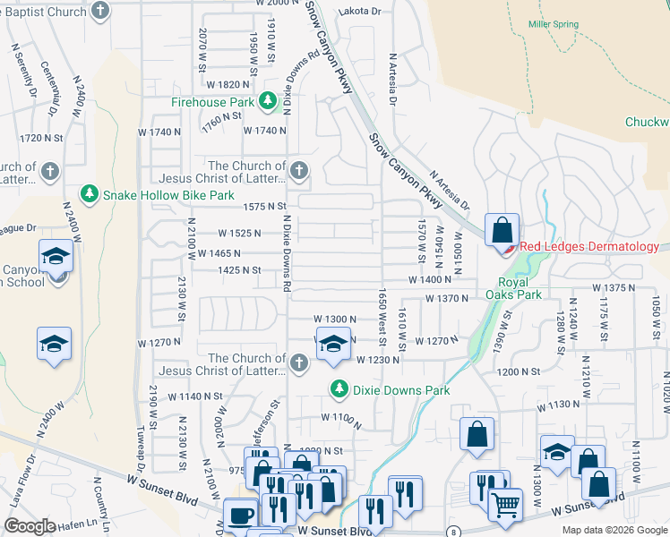 map of restaurants, bars, coffee shops, grocery stores, and more near 1450 North Dixie Downs Road in St. George