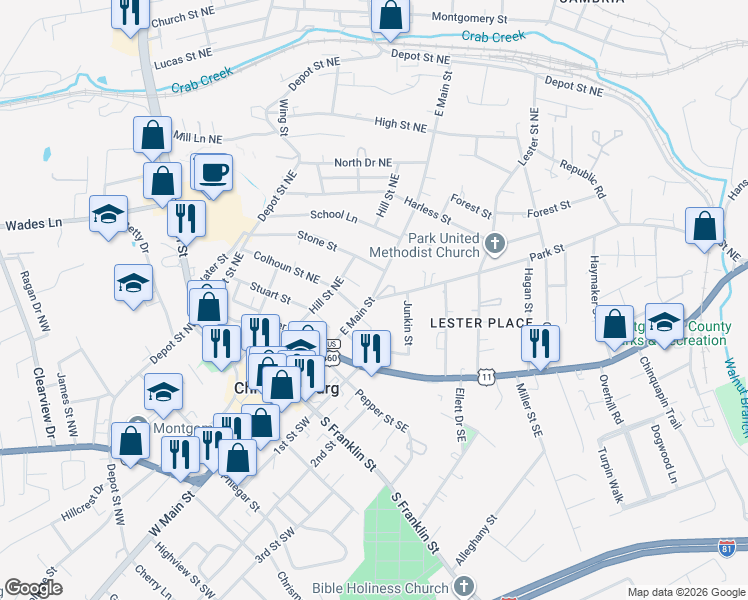 map of restaurants, bars, coffee shops, grocery stores, and more near 5 Park Street in Christiansburg