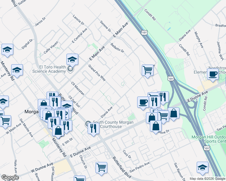 map of restaurants, bars, coffee shops, grocery stores, and more near 595 Caprice Court in Morgan Hill