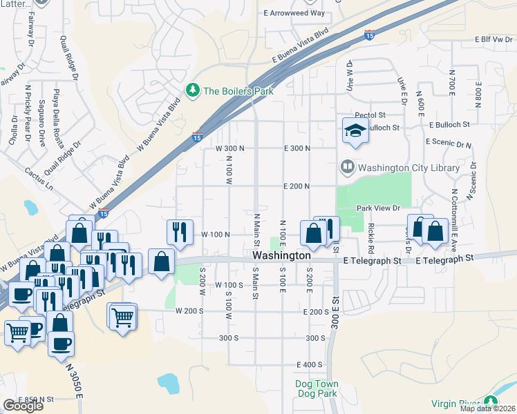map of restaurants, bars, coffee shops, grocery stores, and more near 150 North Main Street in Washington