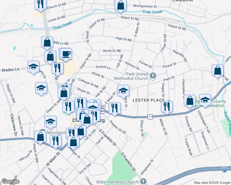 map of restaurants, bars, coffee shops, grocery stores, and more near 5 Park Street in Christiansburg