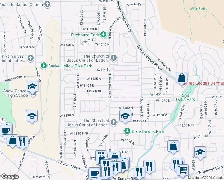 map of restaurants, bars, coffee shops, grocery stores, and more near 1450 North Dixie Downs Road in St. George