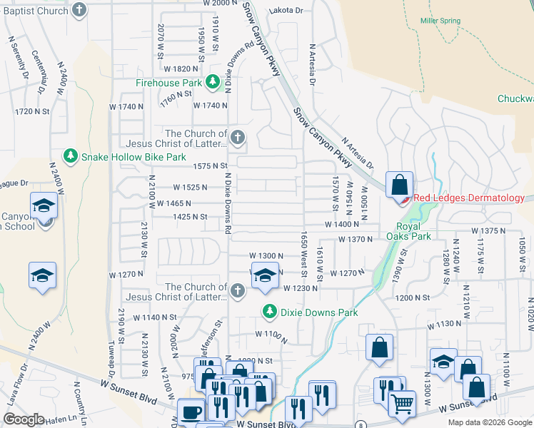 map of restaurants, bars, coffee shops, grocery stores, and more near 1450 North Dixie Downs Road in St. George