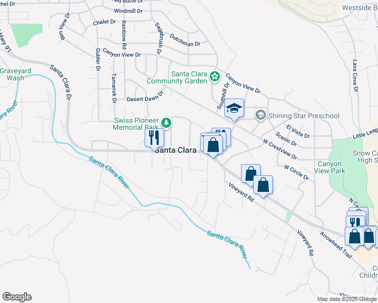 map of restaurants, bars, coffee shops, grocery stores, and more near Santa Clara Drive in Santa Clara