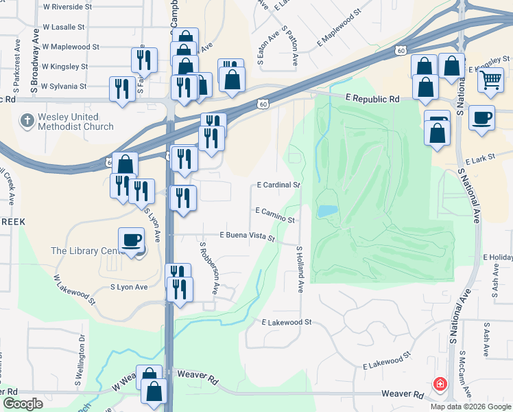 map of restaurants, bars, coffee shops, grocery stores, and more near 4506 South Roanoke Avenue in Springfield