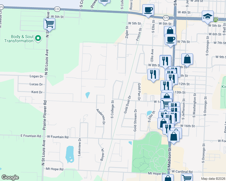 map of restaurants, bars, coffee shops, grocery stores, and more near 1303 College Street in Webb City