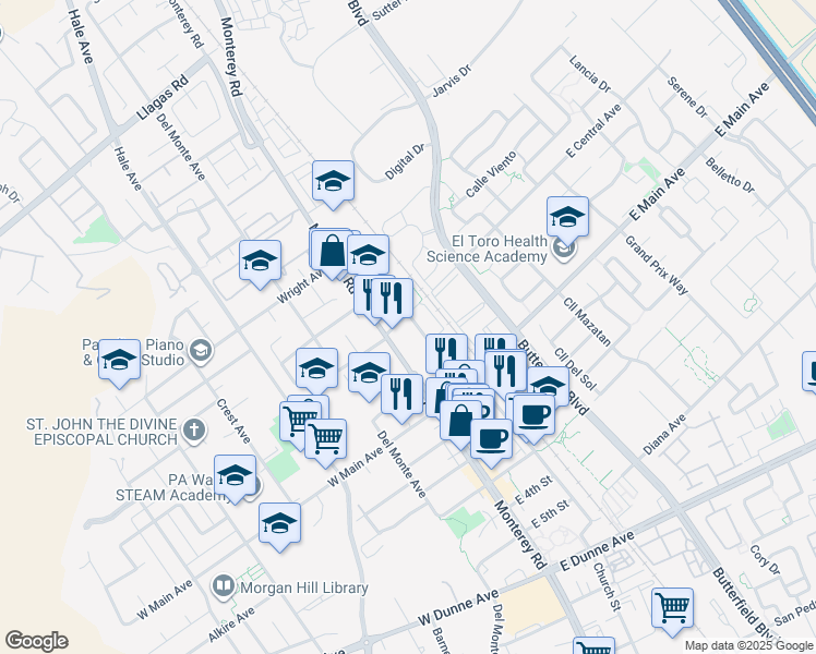 map of restaurants, bars, coffee shops, grocery stores, and more near 17680 Monterey Road in Morgan Hill