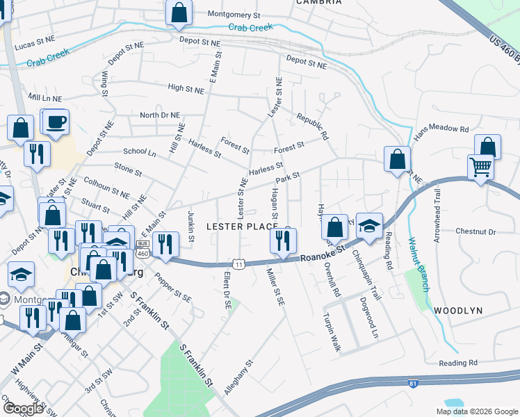 map of restaurants, bars, coffee shops, grocery stores, and more near 209 Lester Place in Christiansburg
