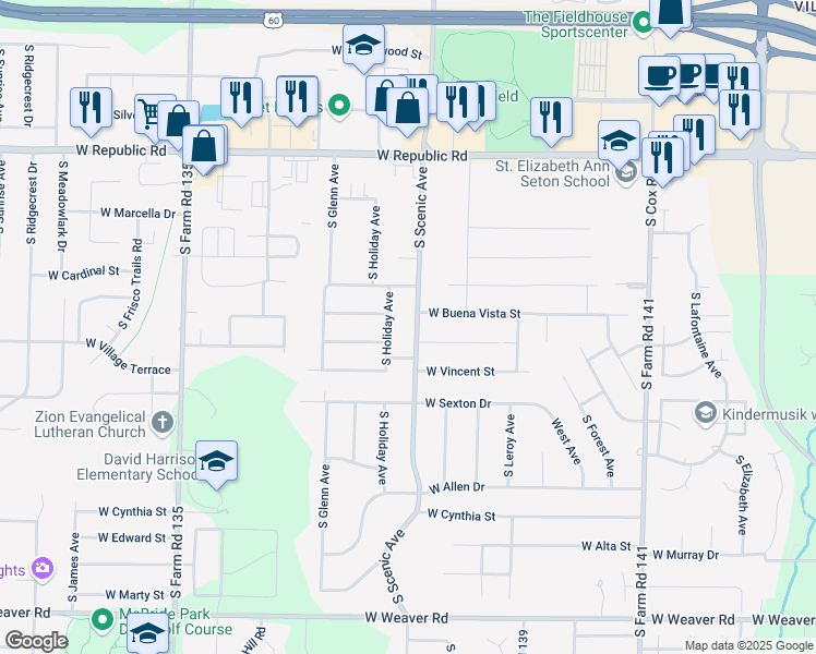 map of restaurants, bars, coffee shops, grocery stores, and more near 4505 South Scenic Avenue in Springfield