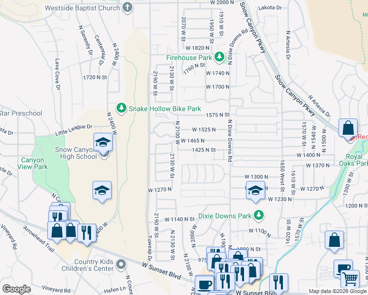 map of restaurants, bars, coffee shops, grocery stores, and more near 2072 1425 North Street in St. George