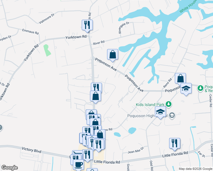 map of restaurants, bars, coffee shops, grocery stores, and more near 15 Bannister Court in Poquoson