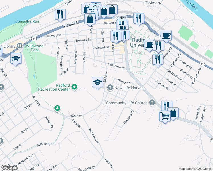 map of restaurants, bars, coffee shops, grocery stores, and more near 809 2nd Avenue in Radford