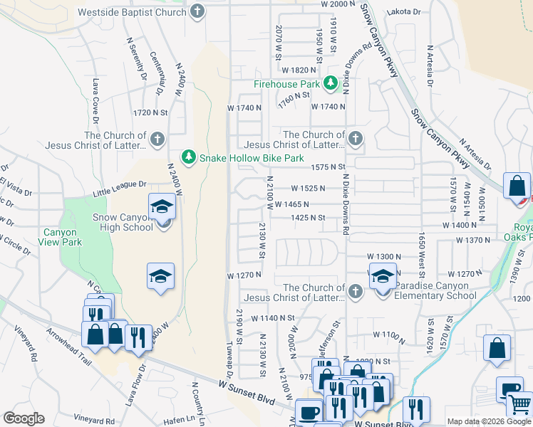map of restaurants, bars, coffee shops, grocery stores, and more near 1446 North 2130 West in St. George