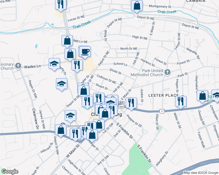 map of restaurants, bars, coffee shops, grocery stores, and more near 565 Stuart Street in Christiansburg