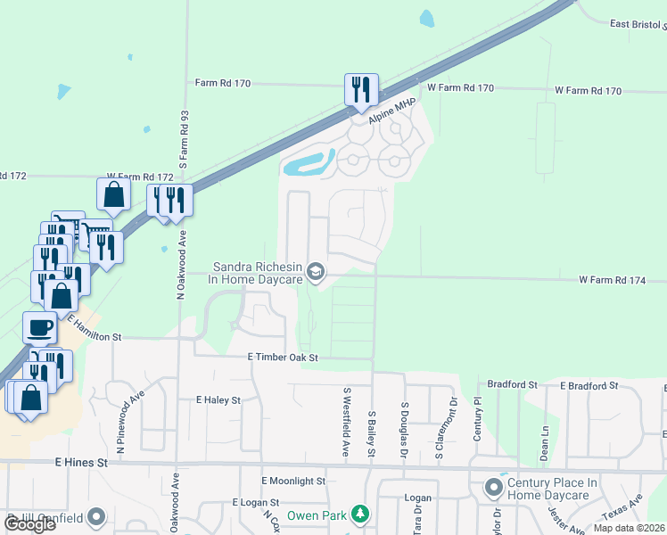 map of restaurants, bars, coffee shops, grocery stores, and more near 7628 W Farm Road 174 in Republic