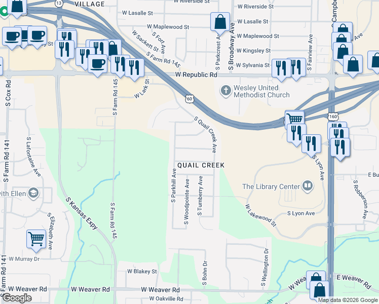 map of restaurants, bars, coffee shops, grocery stores, and more near 1191 West Shawnee Street in Springfield