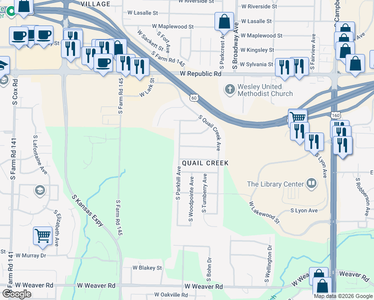 map of restaurants, bars, coffee shops, grocery stores, and more near 1191 West Shawnee Street in Springfield