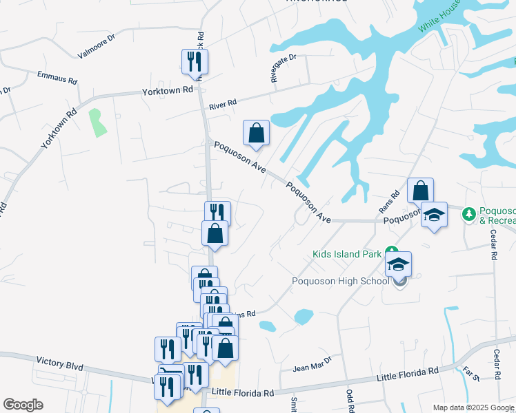 map of restaurants, bars, coffee shops, grocery stores, and more near 18 Wainwright Drive in Poquoson