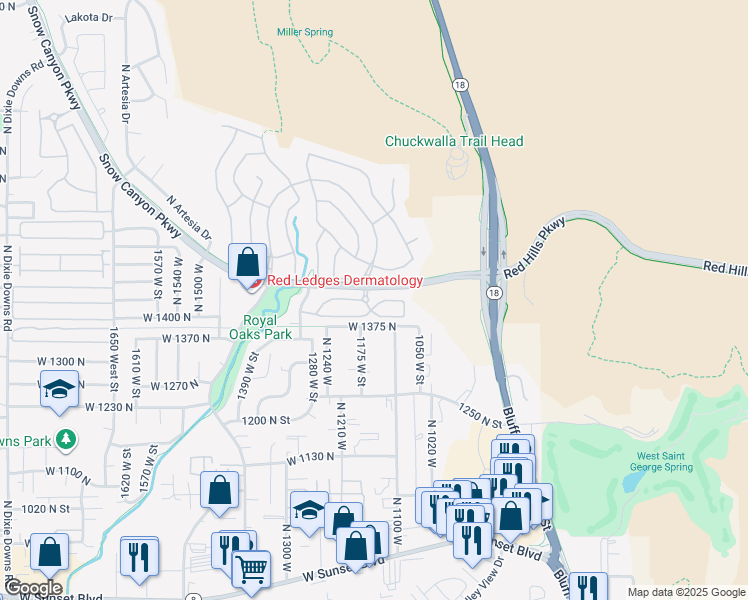 map of restaurants, bars, coffee shops, grocery stores, and more near 1173 West Snow Canyon Parkway in St. George