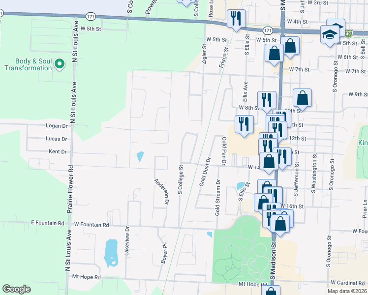 map of restaurants, bars, coffee shops, grocery stores, and more near 1303 College Street in Webb City