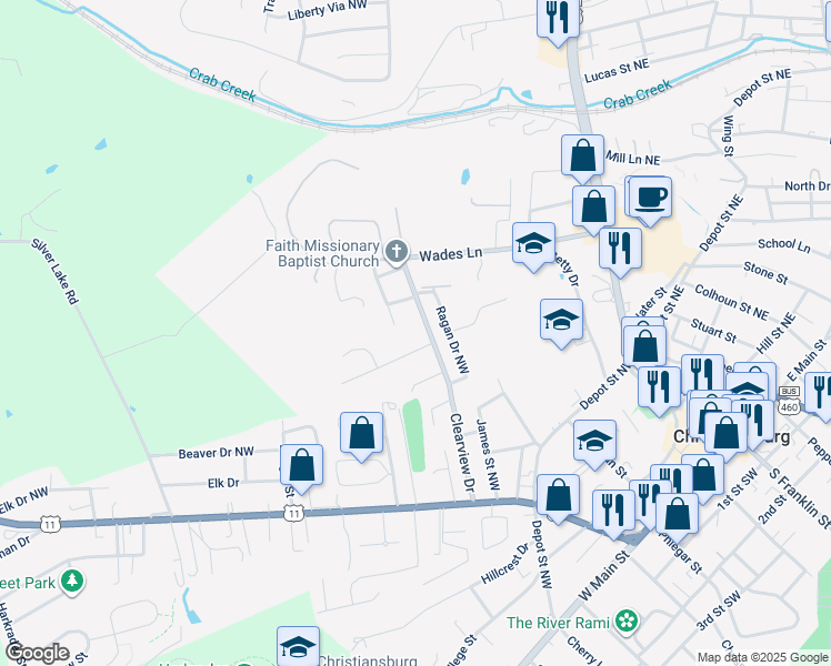 map of restaurants, bars, coffee shops, grocery stores, and more near 345 Clearview Drive in Christiansburg