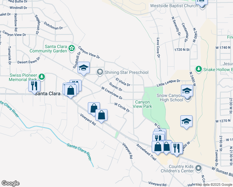 map of restaurants, bars, coffee shops, grocery stores, and more near 2598 West Crestview Drive in Santa Clara