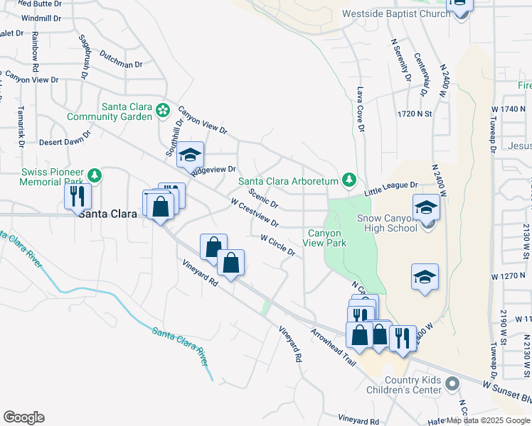 map of restaurants, bars, coffee shops, grocery stores, and more near 2598 West Crestview Drive in Santa Clara