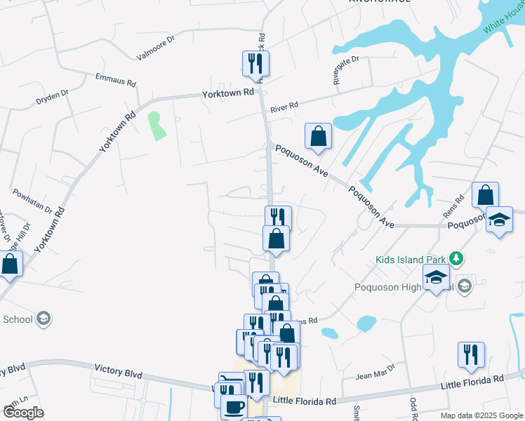 map of restaurants, bars, coffee shops, grocery stores, and more near 23 Charles Parish Drive in Poquoson