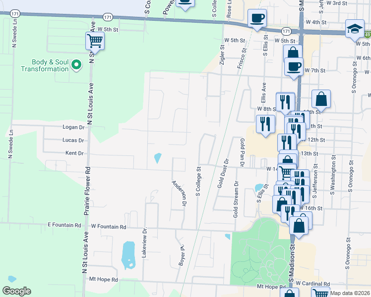 map of restaurants, bars, coffee shops, grocery stores, and more near 1604 Leighten Court in Webb City