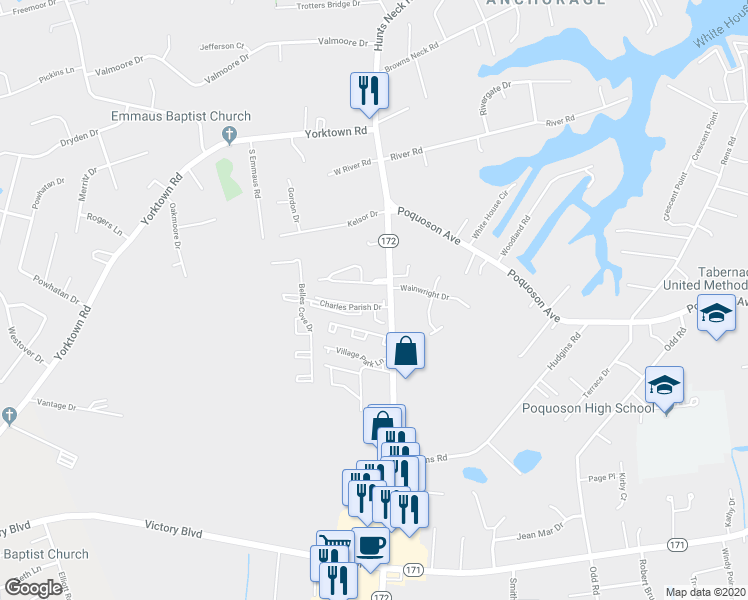 map of restaurants, bars, coffee shops, grocery stores, and more near 8 Charles Parish Drive in Poquoson