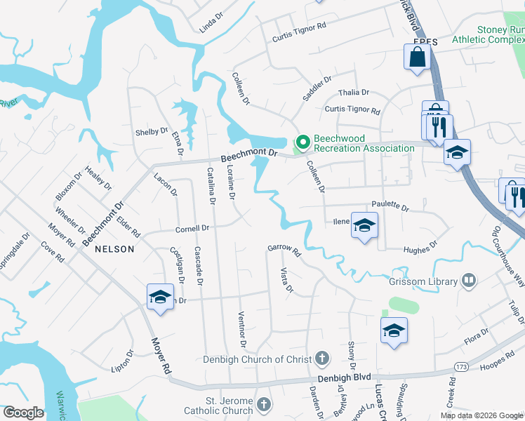 map of restaurants, bars, coffee shops, grocery stores, and more near 858 Loraine Drive in Newport News