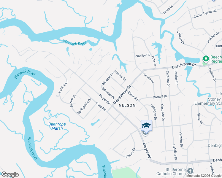 map of restaurants, bars, coffee shops, grocery stores, and more near 911 Wheeler Drive in Newport News