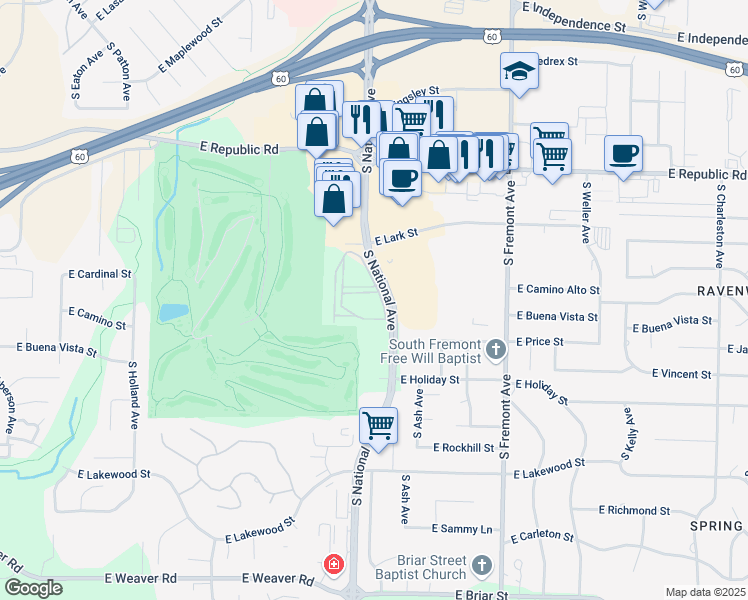 map of restaurants, bars, coffee shops, grocery stores, and more near 4355 South National Avenue in Springfield