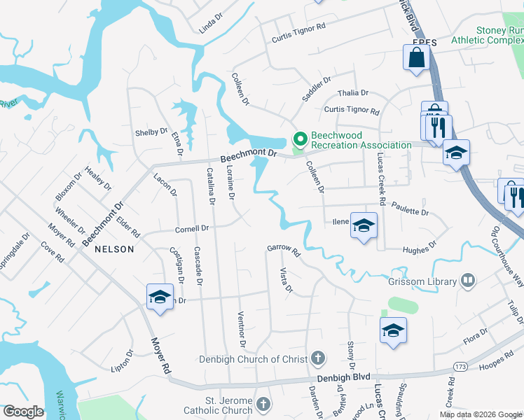 map of restaurants, bars, coffee shops, grocery stores, and more near 858 Loraine Drive in Newport News