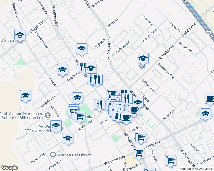 map of restaurants, bars, coffee shops, grocery stores, and more near 17690 McLaughlin Avenue in Morgan Hill