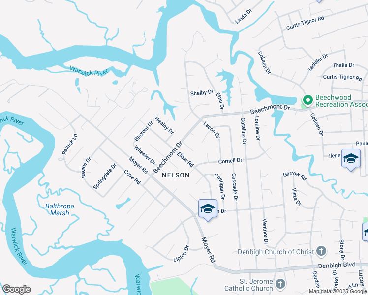 map of restaurants, bars, coffee shops, grocery stores, and more near 895 Elder Road in Newport News