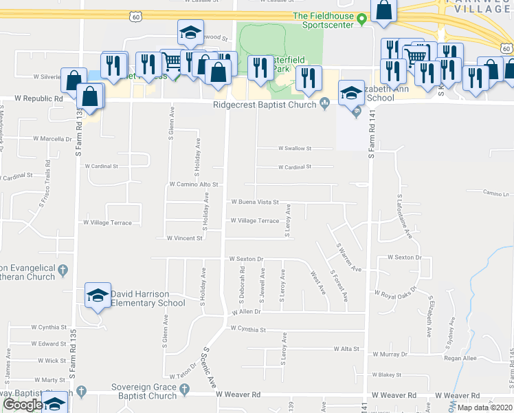 map of restaurants, bars, coffee shops, grocery stores, and more near 2606 West Buena Vista Street in Springfield