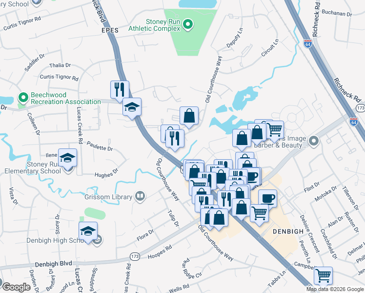 map of restaurants, bars, coffee shops, grocery stores, and more near 14534 Old Courthouse Way in Newport News
