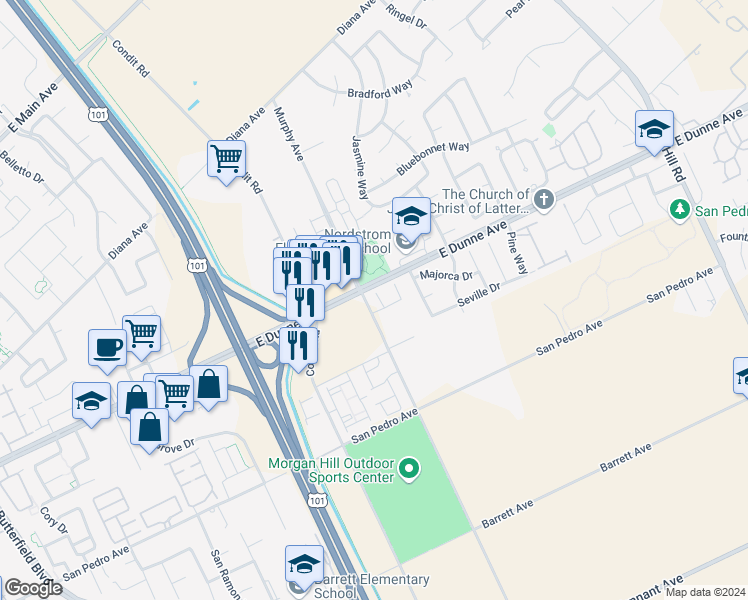 map of restaurants, bars, coffee shops, grocery stores, and more near 16915 Brut Lane in Morgan Hill