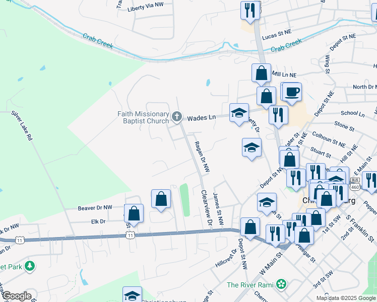 map of restaurants, bars, coffee shops, grocery stores, and more near 345 Clearview Drive in Christiansburg