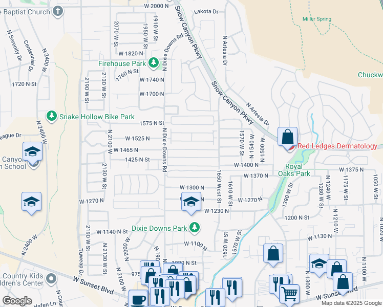 map of restaurants, bars, coffee shops, grocery stores, and more near 1450 North Dixie Downs Road in St. George