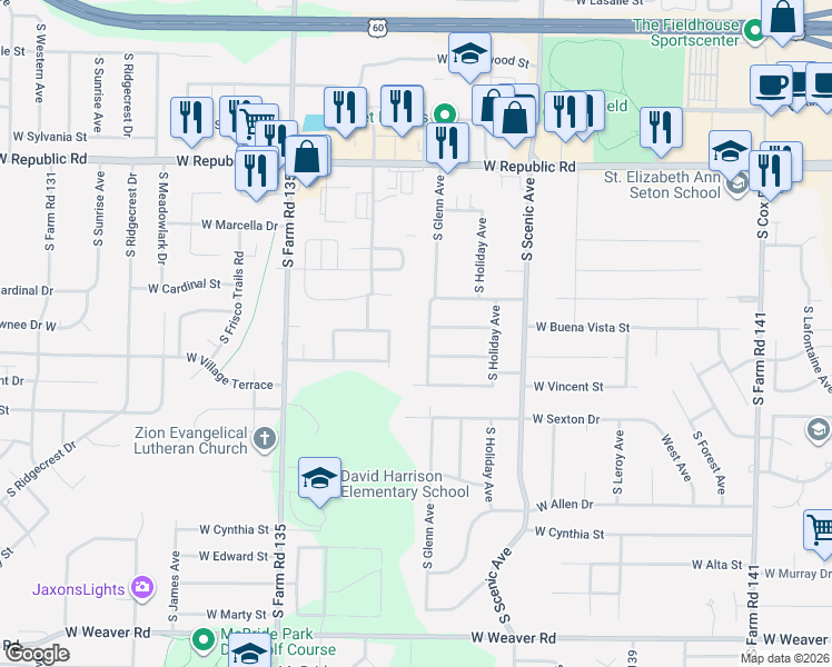 map of restaurants, bars, coffee shops, grocery stores, and more near 4526 South Sycamore Avenue in Springfield