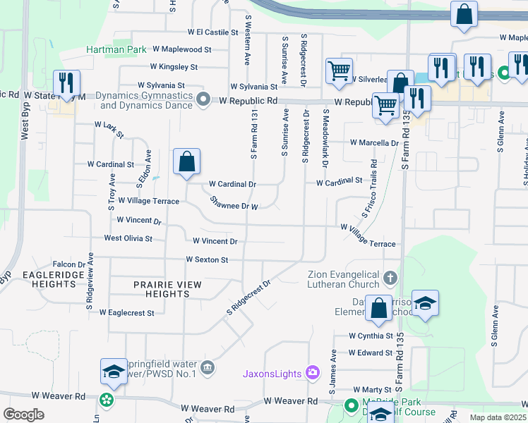 map of restaurants, bars, coffee shops, grocery stores, and more near 3456 West Shawnee Drive in Springfield