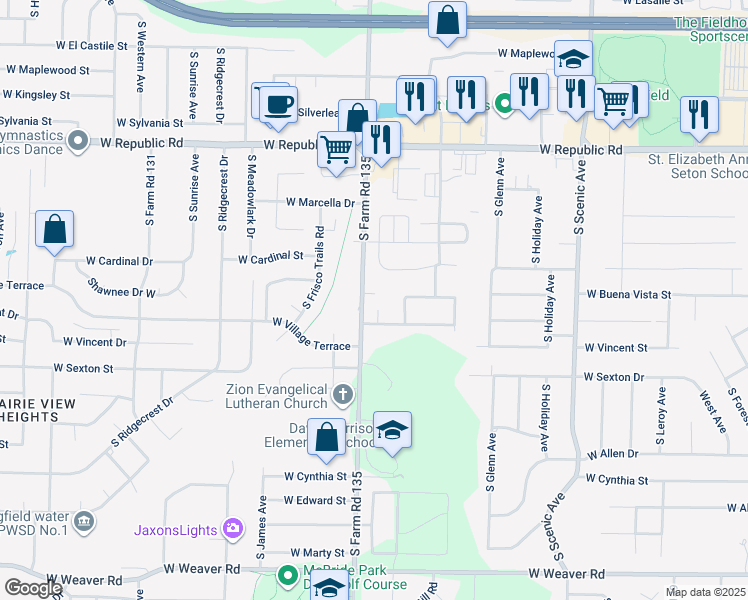 map of restaurants, bars, coffee shops, grocery stores, and more near 3069-3099 West Village Terrace in Springfield