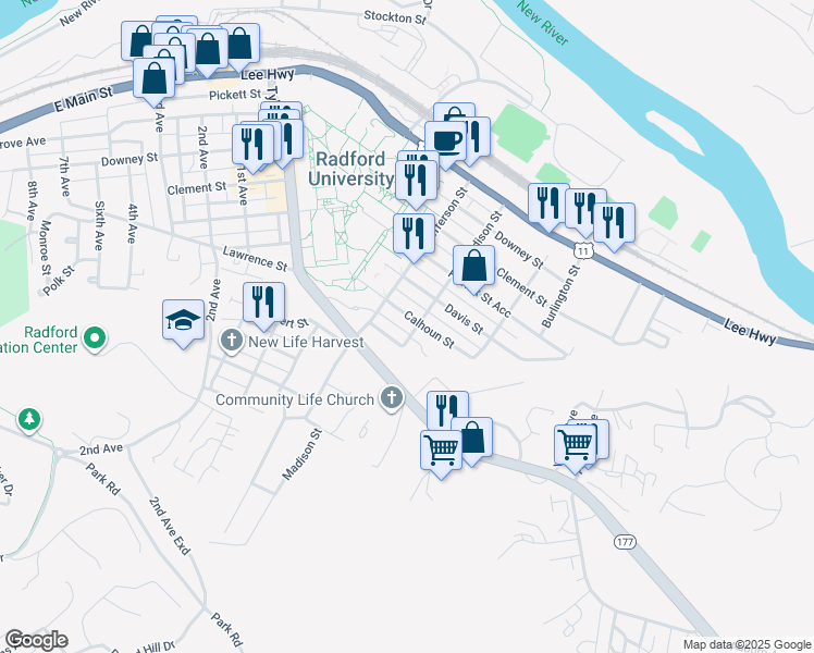 map of restaurants, bars, coffee shops, grocery stores, and more near 603 Madison Street in Radford
